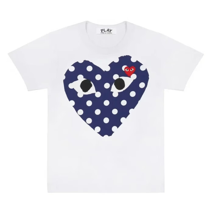 camiseta cdg con estampado de lunares blancos y doble corazón